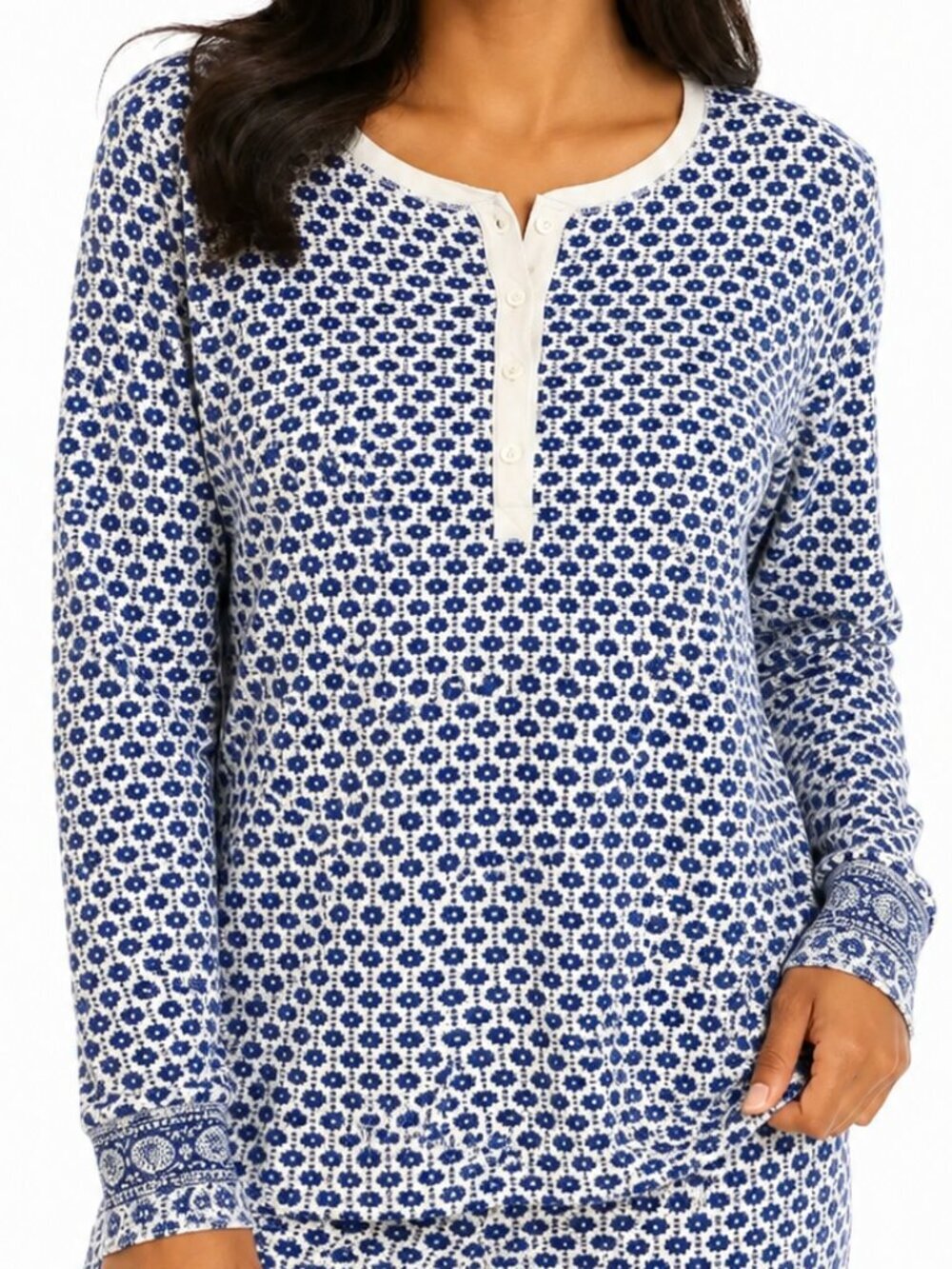 J. Crew Blue White Floral Long-Sleeve Henley Sleep Top